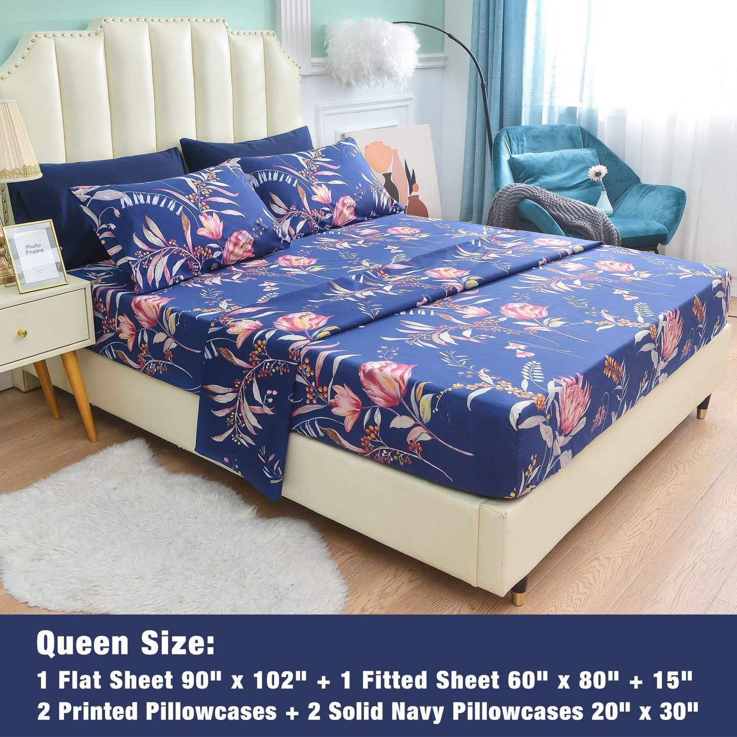 JSD Navy Blue Floral Printed Sheet Set Queen 6 Piece, Soft Microfiber Botanical Pattern Bed Sheets Extra Deep Pocket