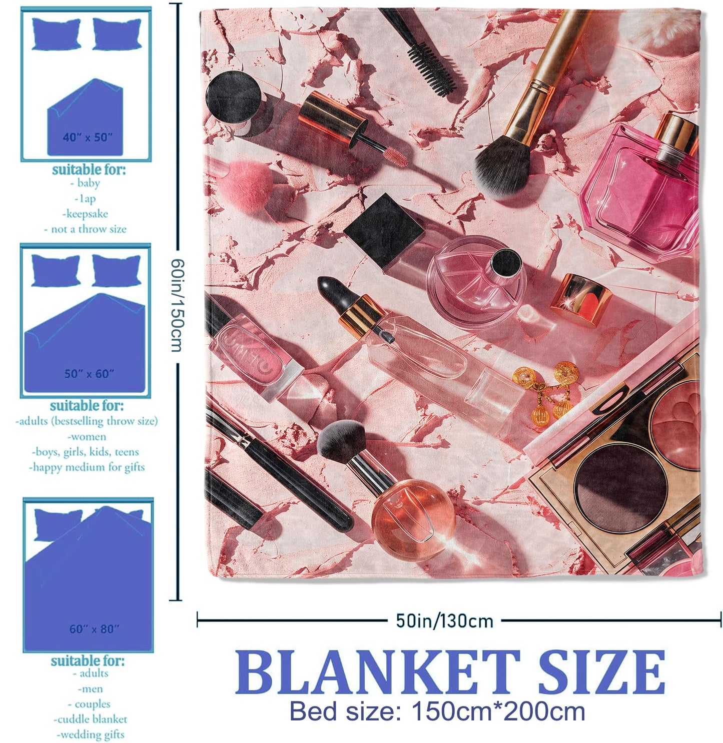 Plistiz Makeup Essentials Throw Blanket 50x60, Chic Beauty Products Design Blankets for Bedroom Decor, Soft Flannel Glamorous Gifts for Makeup Lovers and Women