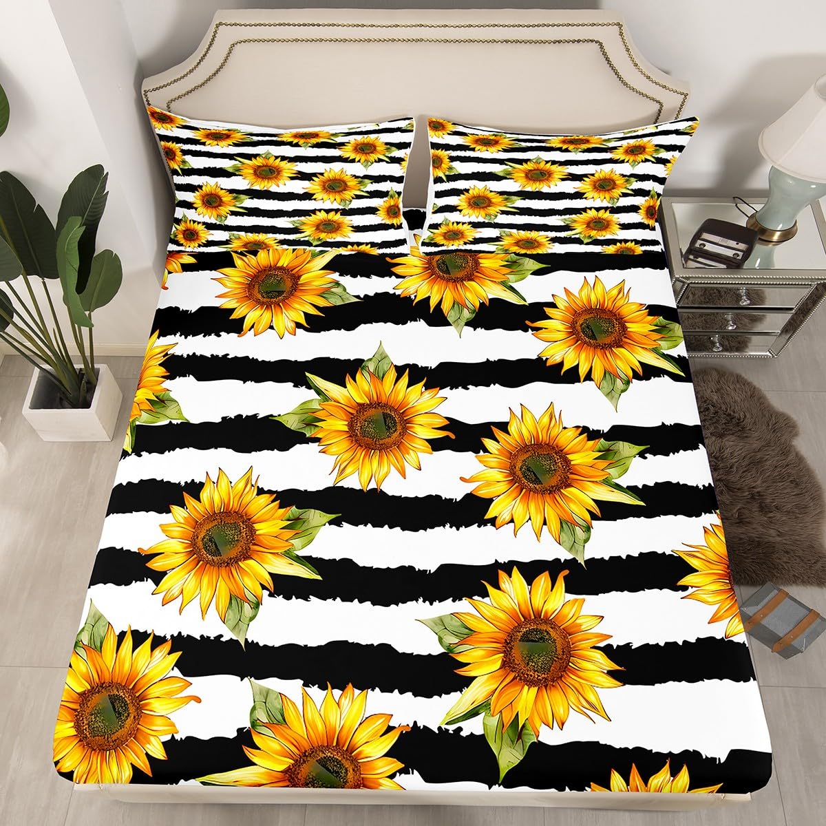 Feelyou Sunflower Fitted Sheet Queen Stripes Pattern Decor Bedding Set Panoramic Printed Adult Teen Kids Bed Sheet Set Garden Theme Bed Cover for Boys Girls Women Plant Decor Soft (No Flat Sheet)