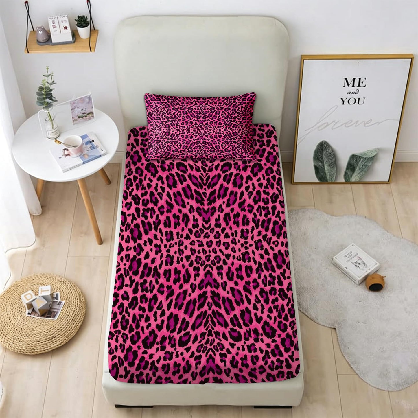 MUSOLEI Colorful Girl Fitted Sheet Set Leopard Print Sheet, 3D Rainbow Bedding Set Girls Twin Sheets 2PCS Boho 1 Fitted Sheet with 1 Pillowcase Wrinkle Free Cozy Microfiber Twin Sheets for Girls (T)