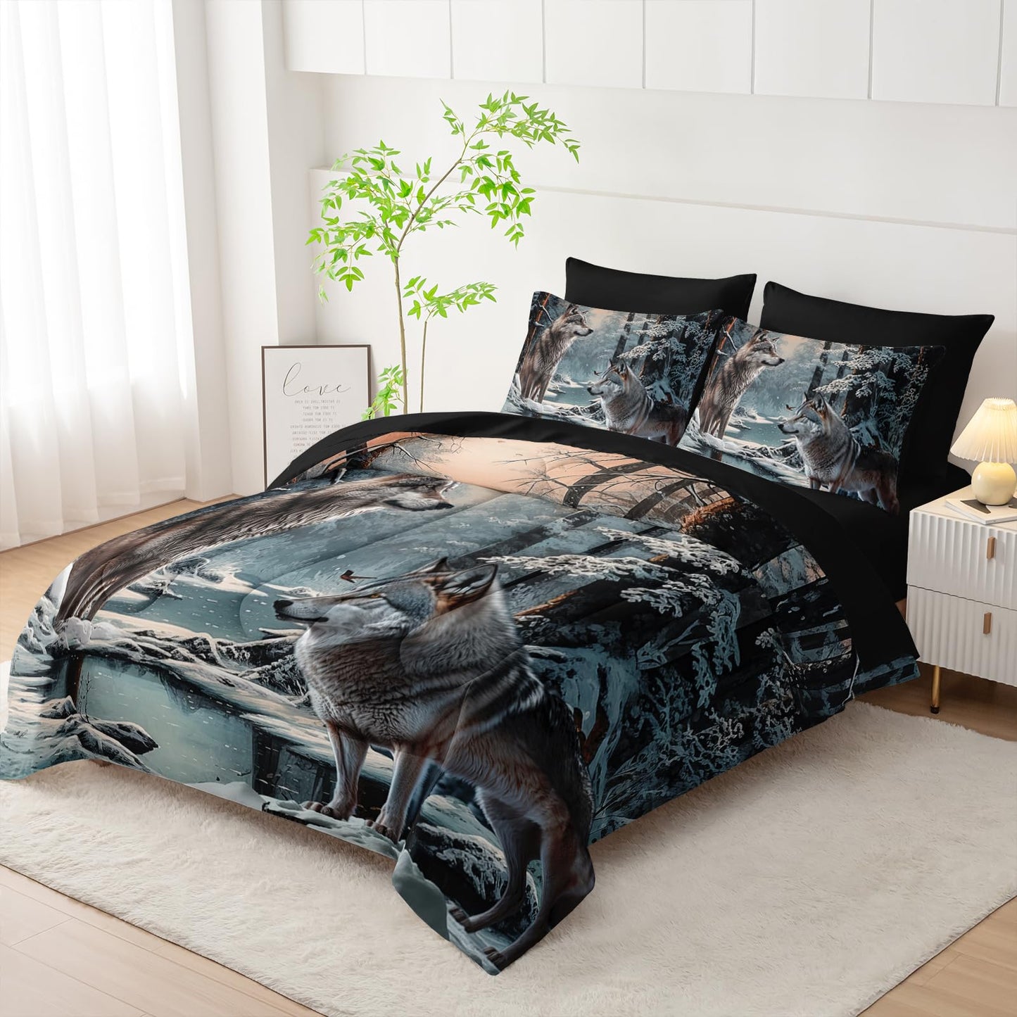 AILONEN Snow Wolf Comforter Set - 7Pcs Soft Kids Boys Bed in a Bag - Queen Size Comforter,Fitted Sheet,Flat Sheet,2 Pillowcases,2 Pillow Shams - Winter Wildlife Room Decor