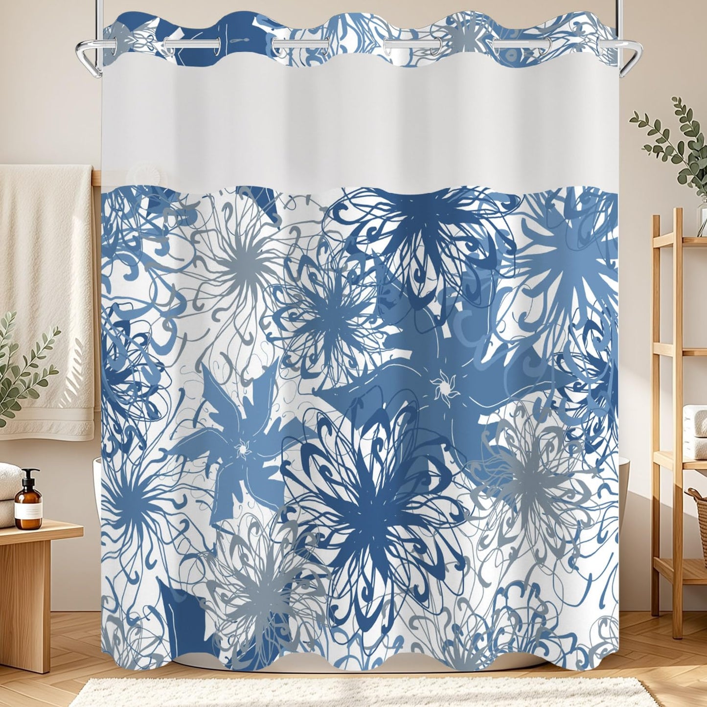 No Hook Shower Curtain with Snap in Liner Set, Boho Modern Blue Abstract Floral Pattern Decorative Waterproof Fabric Shower Curtain for College Dorm Hotel Apartment Bathroom Bathtub, 71x74 Inch