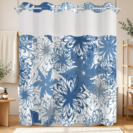No Hook Shower Curtain with Snap in Liner Set, Boho Modern Blue Abstract Floral Pattern Decorative Waterproof Fabric Shower Curtain for College Dorm Hotel Apartment Bathroom Bathtub, 71x74 Inch