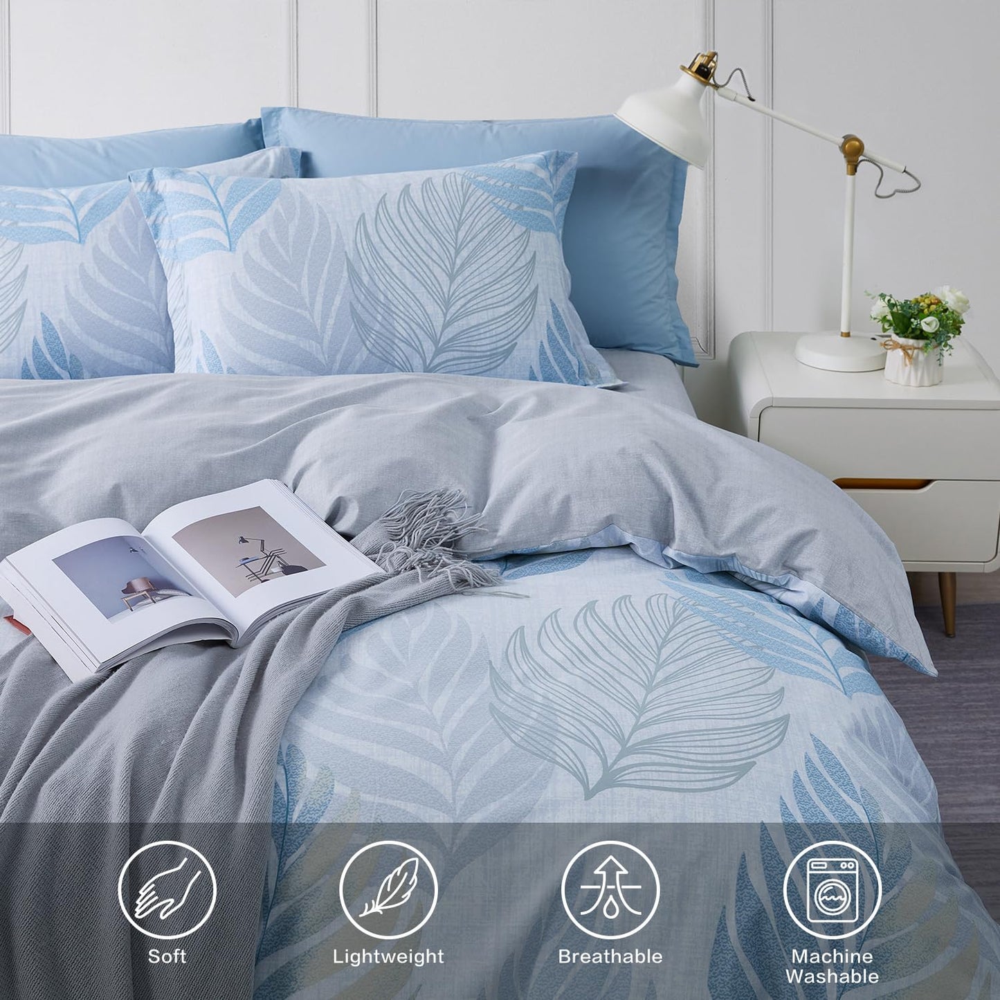 SAPHREAS Blue Leaf Duvet Cover Set Full Size 3pcs Tropical Botanical Monstera Leaf Pattern Bedding Comforter Cover Set 100% Cotton 1 Duvet Cover 2 Pillow Shams