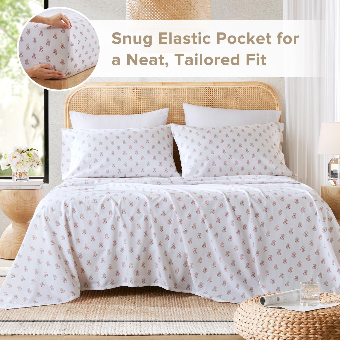 Comfort Spaces 100% Cotton Sheets Full, Breathable, Naturally Cool Cotton Sheets, Soft Cotton Bed Sheets with 14" Elastic Pocket Fits up to 16" Mattress, All Seasons Sheet Set, Floral Pink 4 Piece