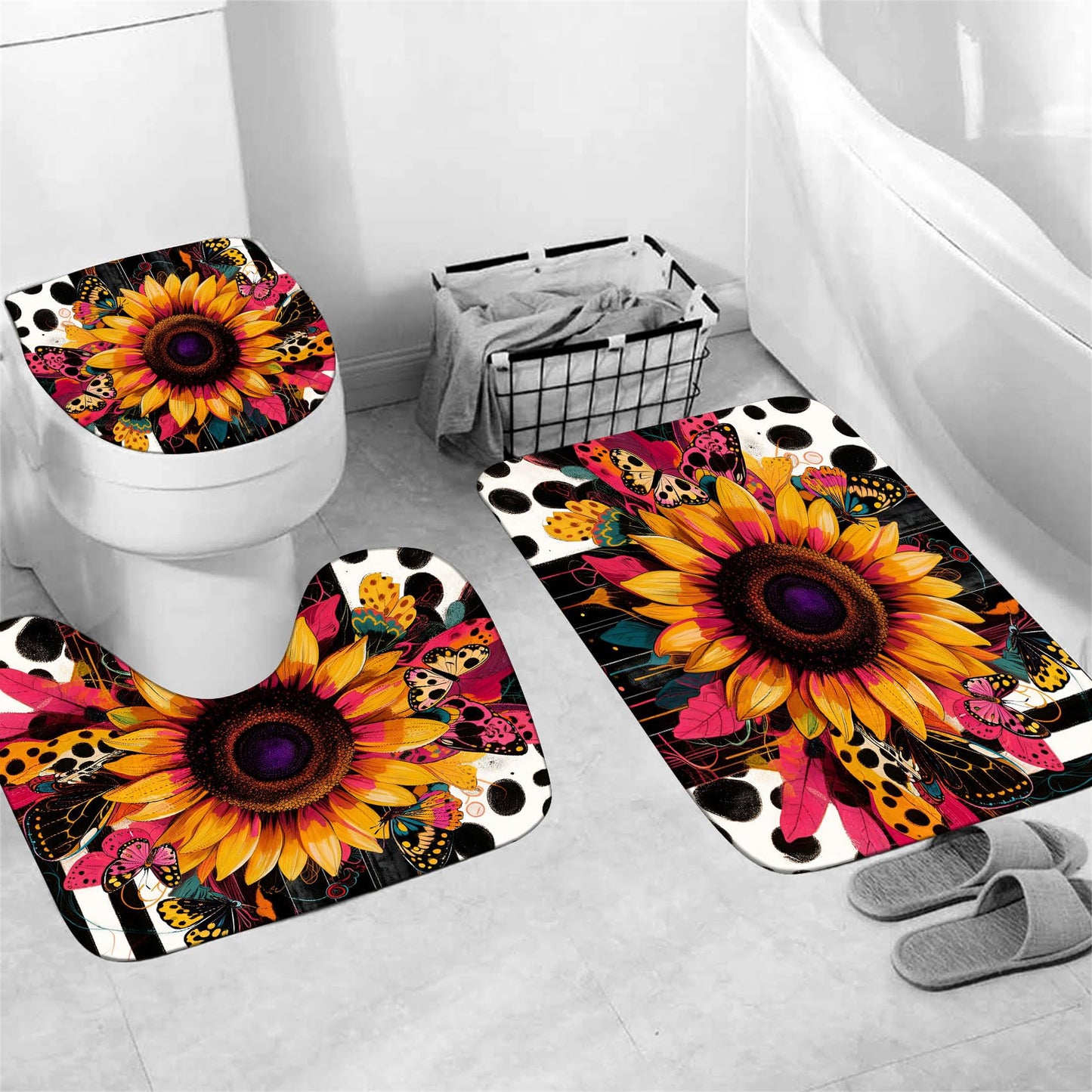 AZHM Shower Curtain Sets with Rugs 4 Piece Sunflower Bathroom Sets Decor Accessories Include Non-Slip Rug Toilet Lid Cover Bath Mat and 12 Hooks