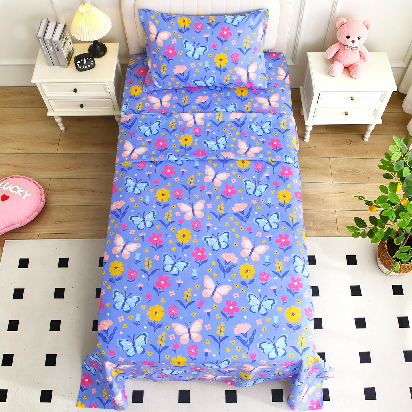 Softan Kids Twin Sheets Set, 3 Piece Butterfly Floral Bedding Set for Girls, Soft Breathable Microfiber with 15" Deep Pocket, Fitted Flat Sheet & Pillowcase
