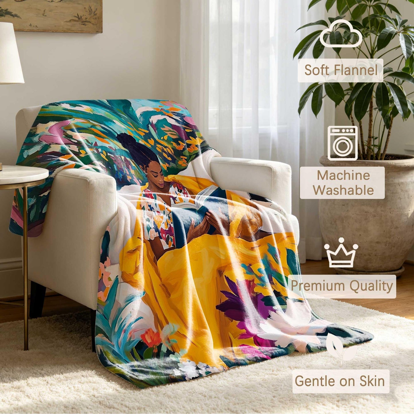GXYAOYZG Black Woman Reading Blanket African American Throw Blanket Book Lover Throws Cozy Soft Flannel Black Girl Reader Blankets for Couch Sofa Bed Decor Librarian Gift (Reading - 4, 49" x 59")