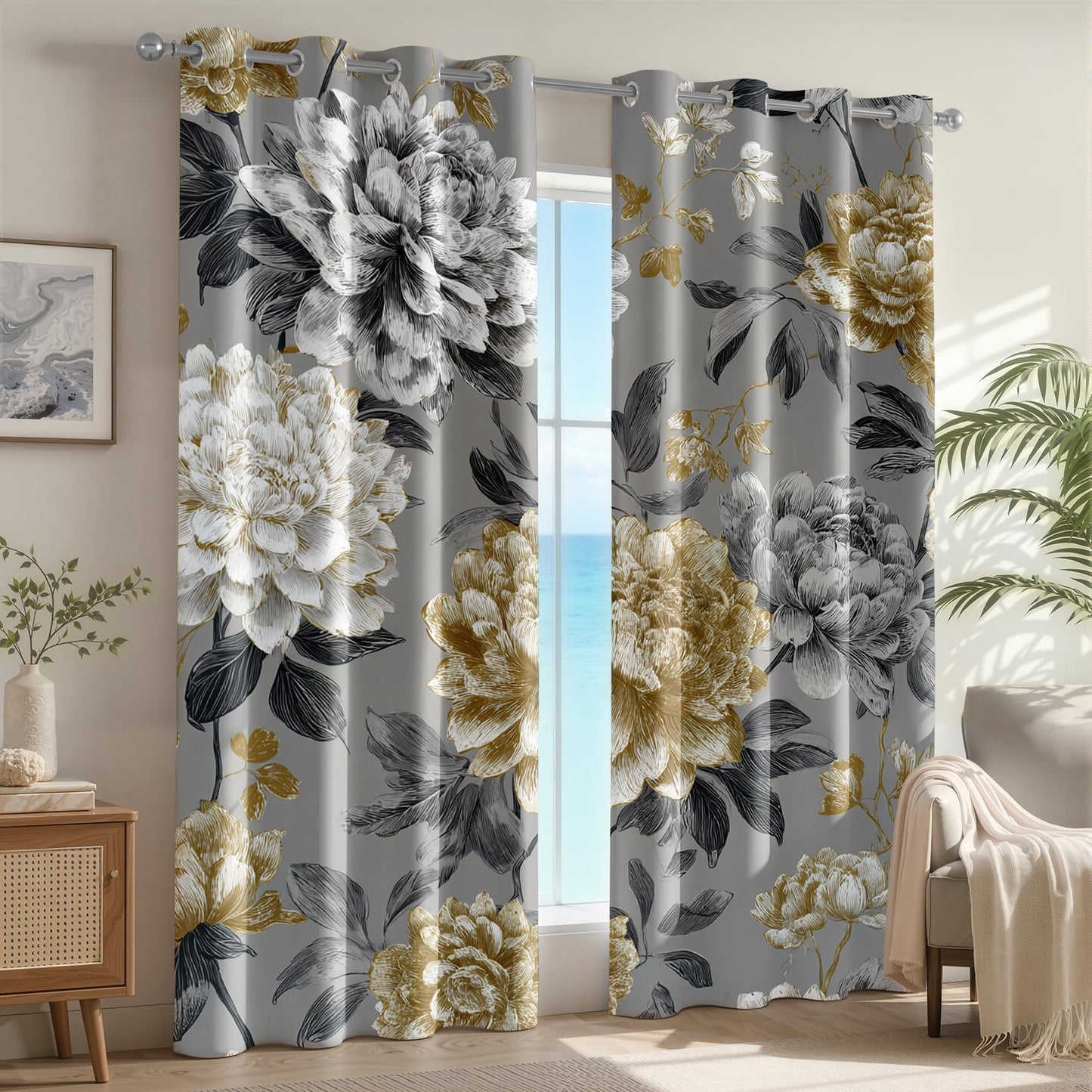 Peony Patterned Curtains Blackout, Thermal Insulated Room Darkening Grommet Drapes for Bedroom Living Room, 72 Inch Curtains 2 Panel Set, Luxury Vintage Farmhouse Grey Gold Peony Floral Treatments