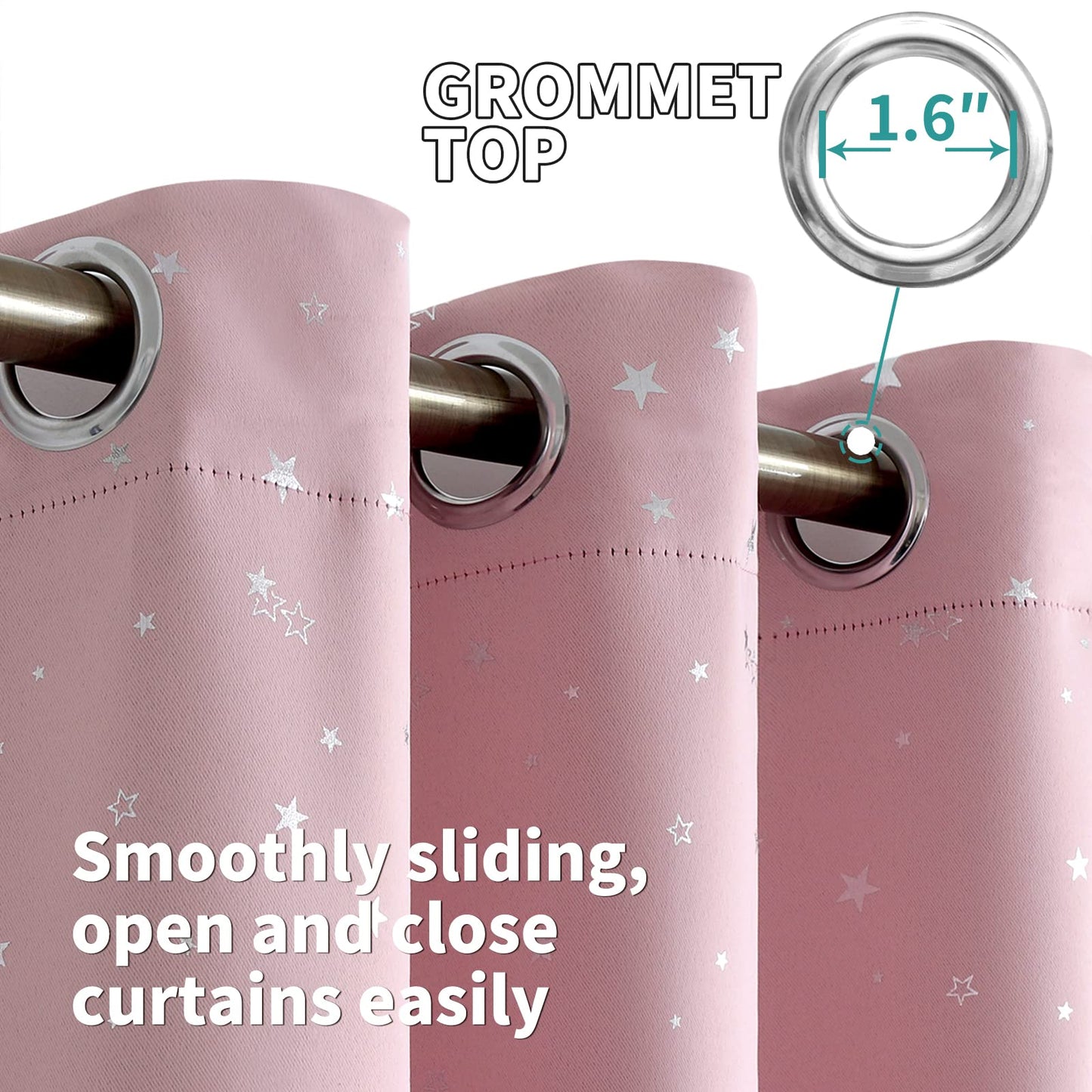 BGment Kids Blackout Curtains for Bedroom - Grommet Thermal Insulated Silver Star Print Room Darkening Curtains for Kids Room, Set of 2 Panels, 42 x 63 Inch, Baby Pink