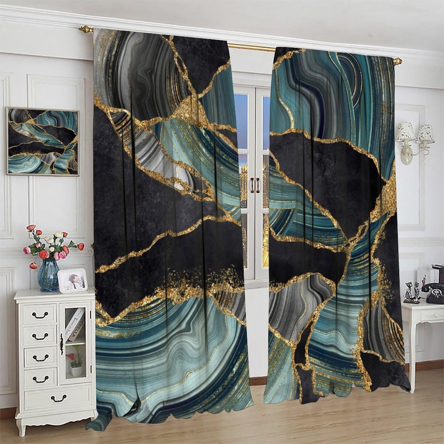 JADERYS Marble Blackout Curtains Modern Luxury Black Green Grey Abstract Texture Marble Art Print for Bedroom Living Room Bathroom Rod Pocket Decoration Window Drapes 2 Panels W21xL45in