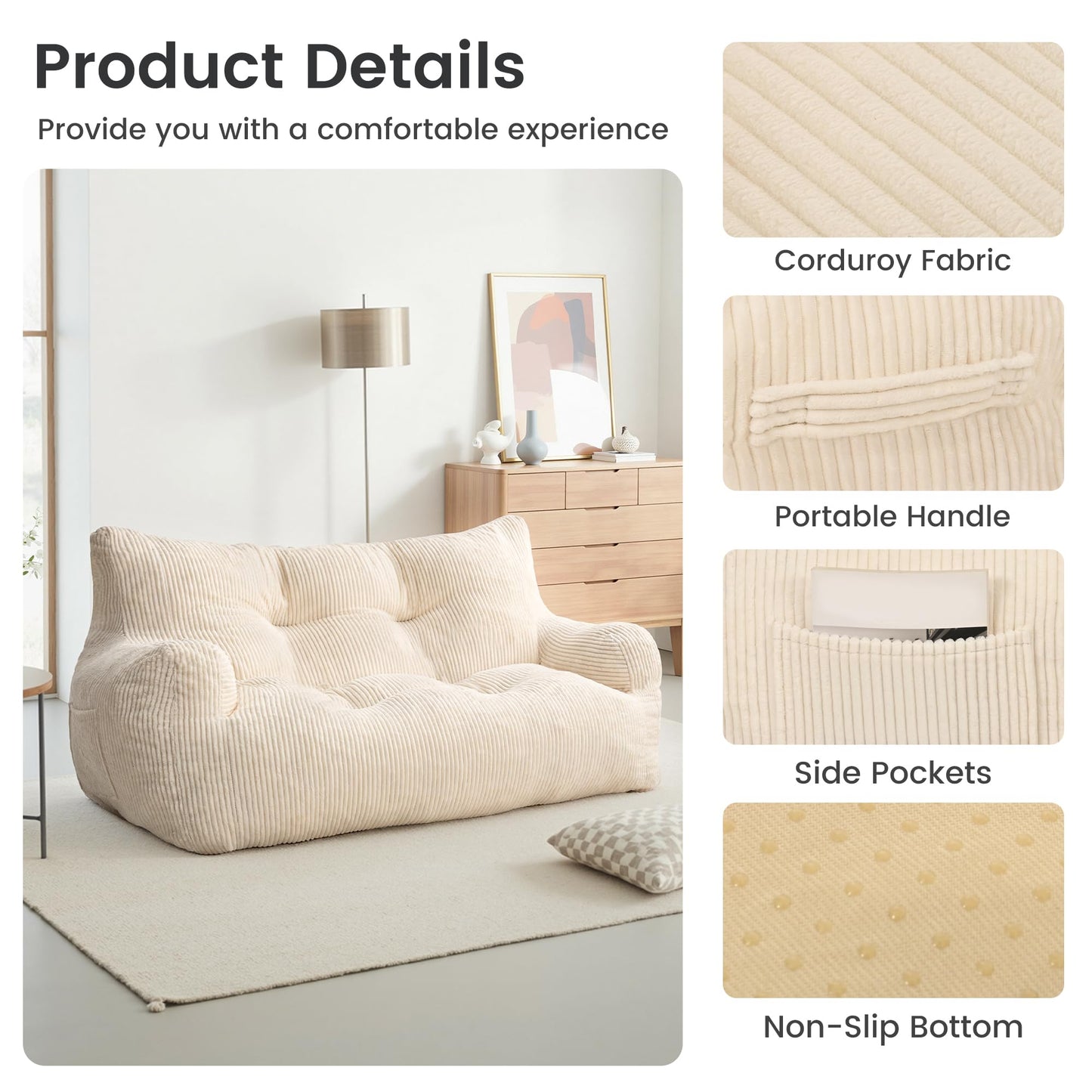 Fkhouse 59" Bean Bag Chair,2 Seat Loveseat Sofa,Corduroy Lazy Sofa Bed for Adults,Fit Living Room, Bedroom,Outdoor Spaces,Ultra Soft Dutch Velvet,Fluffy Comfort Cover,White