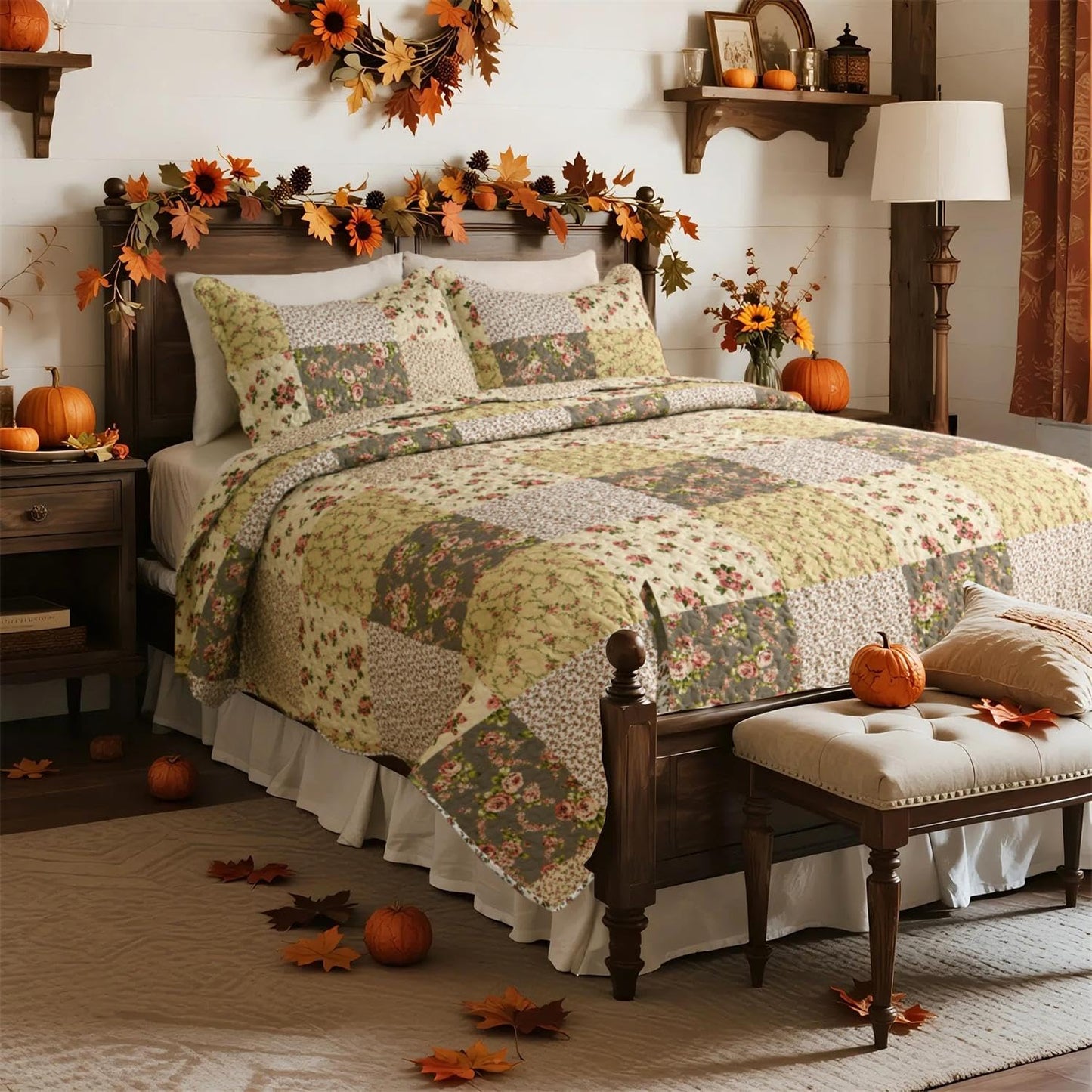 Summer Floral Queen Quilted Bedspread,Romantic Beige Quilt Set,Reversible Stitched Bedding Cover All Season,Soft Lightweight Coverlet with Pillow Cases (Lvory&Pink, Queen90 x90)