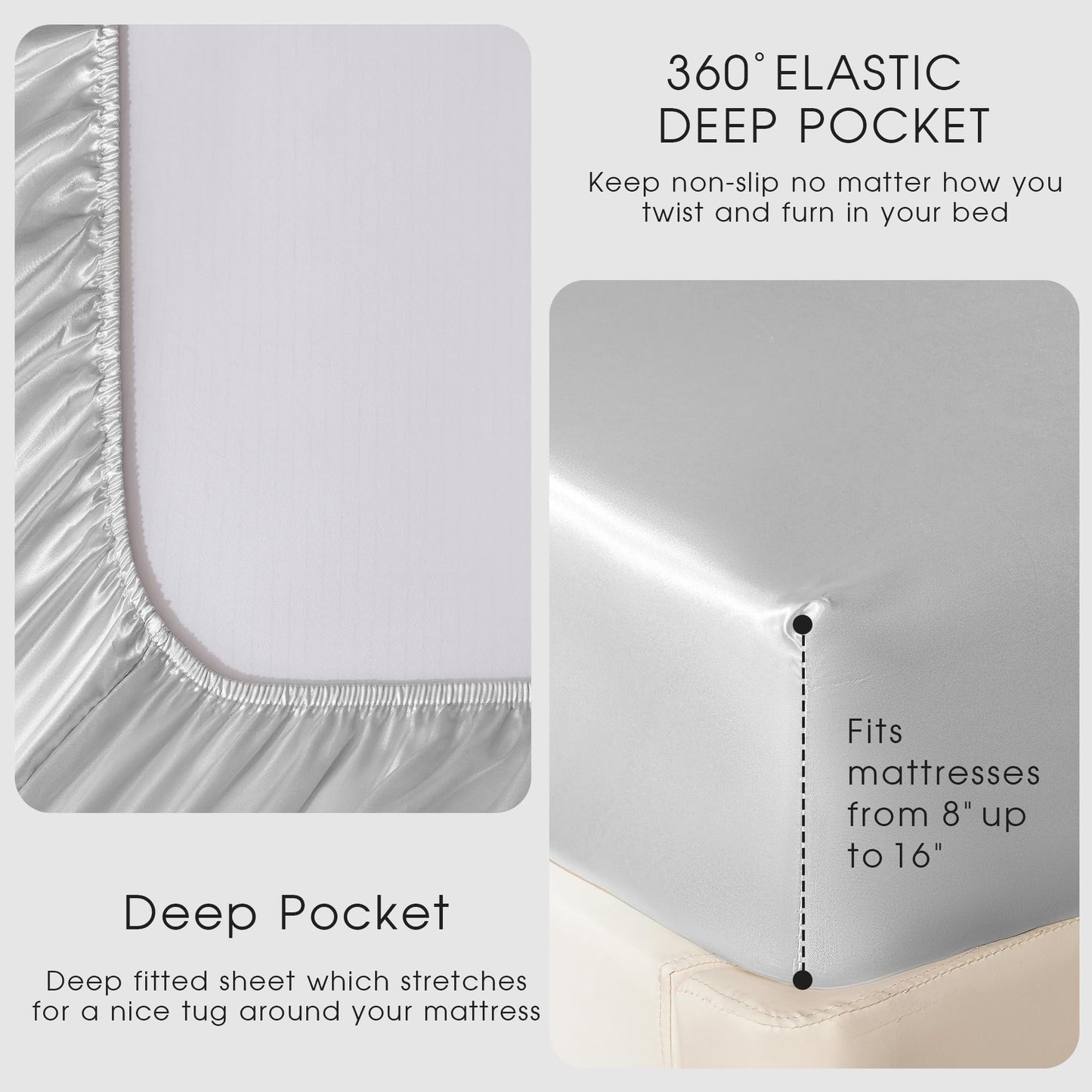 FreshCulture Satin Sheets Full Size - 4 Piece Luxury Soft Silky Full Size Bed Sheets, Similar to Silk Bed Sheet Set with 1 Deep Pocket Fitted Sheet, 1 Flat Sheet & 2 Pillowcases (Silver Grey)
