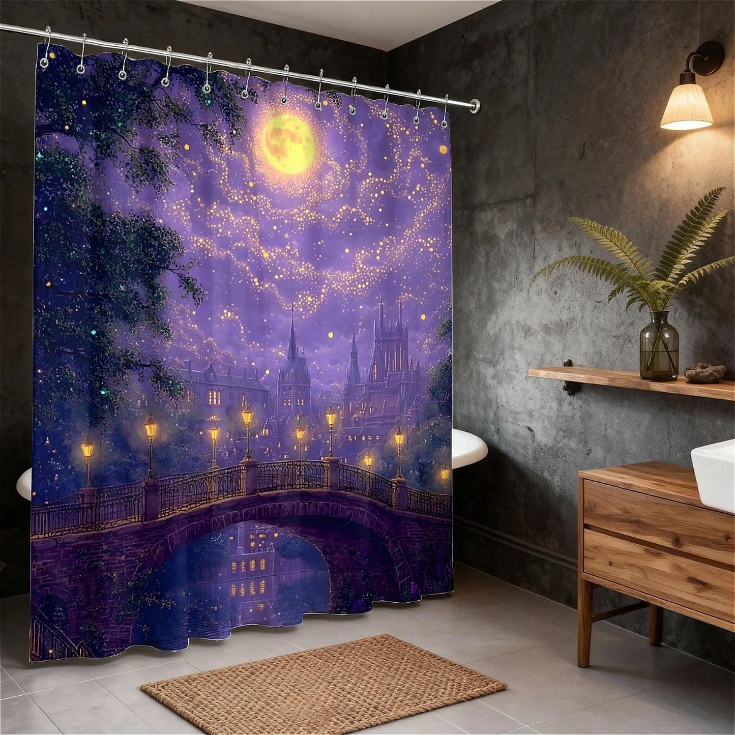 TANGXUNFA Purple Nighttime Landscape Shower Curtain for Bathroom, Water-Resistant Long Shower Curtain Set 72x72 Inch with Metal Grommets and 12 Metal Hooks