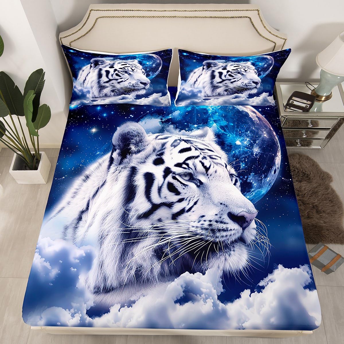 Galaxy White Tiger Bed Sheets King,Wild Animal Print Bed Sheet Set Boho Nebulas Stars and Moon Wildlife Bedding Set Outer Space Bed Cover Sky Starry Fitted Sheet + Blue Flat Sheet + 1 Pillow Case
