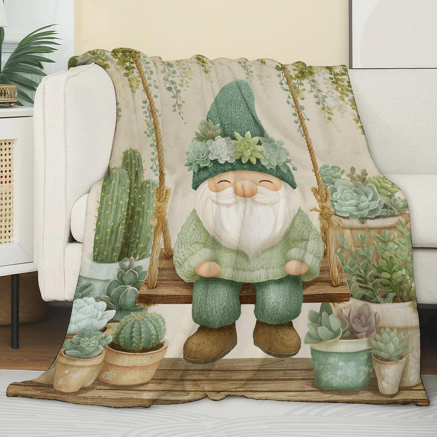 Zeleda Cute Gnome Flannel Blanket, Soft Cozy Throw with Succulent Botanical, Lightweight Blankets for All Seasons, Nature Whimsical Home Sofa Bed Decor and Gifts for Kids Girls Boys, 50x60 Inch