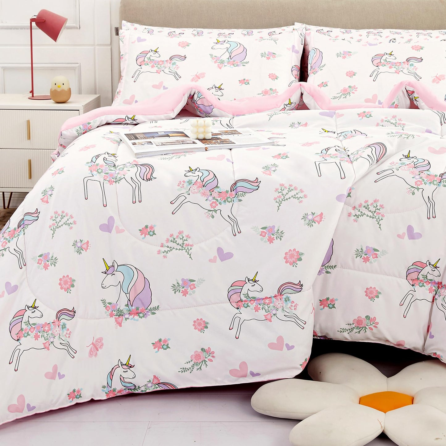 Viviland Kids Full Bedding Sets for Girls, Soft Full Comforter Set with Sheets, 7 Pieces Microfiber Bed in a Bag, White Unicorn