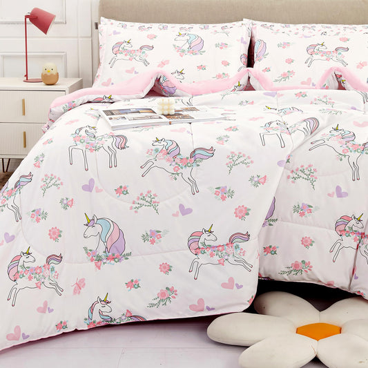 Viviland Kids Full Bedding Sets for Girls, Soft Full Comforter Set with Sheets, 7 Pieces Microfiber Bed in a Bag, White Unicorn