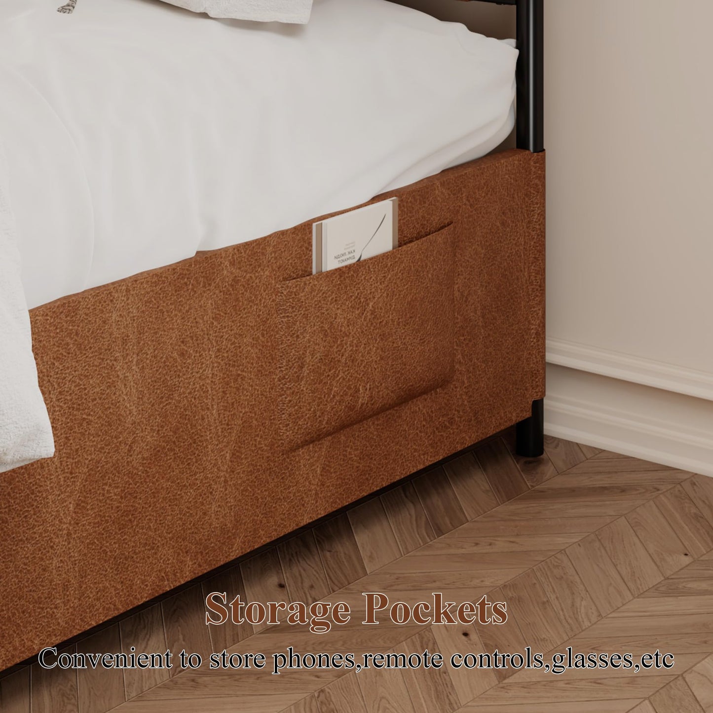 madeslves King Size Upholstered Canopy Bed Frame with Headboard, Heavy Duty Metal Slats Support, No Box Spring Needed, Easy Assembly, Brown