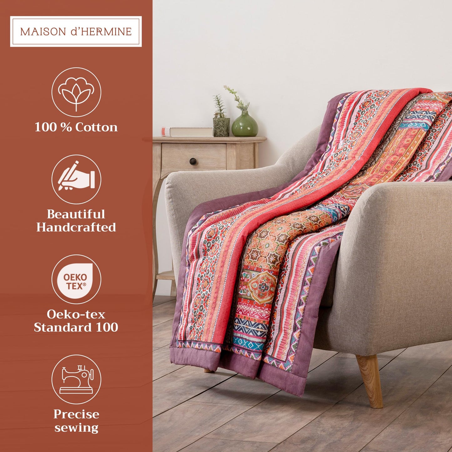 Maison d' Hermine Throw Blanket for Couch Lightweight Soft Warm Breathable Cotton Throw Blankets for Bed Girls Boys Women Men Gifts Sofa Travel Living Room Spring Summer (Ispahan, 60" X 80")