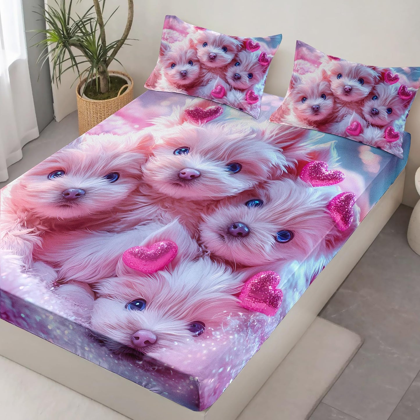 AILONEN Cute Dogs Fitted Sheet Set Twin Size - Kawaii Pink Puppy Bedding Bet for Kids Teen Girls - Lovely 3D Pet Animals Bed Sheet with 2 Pillowcases - 3Pcs