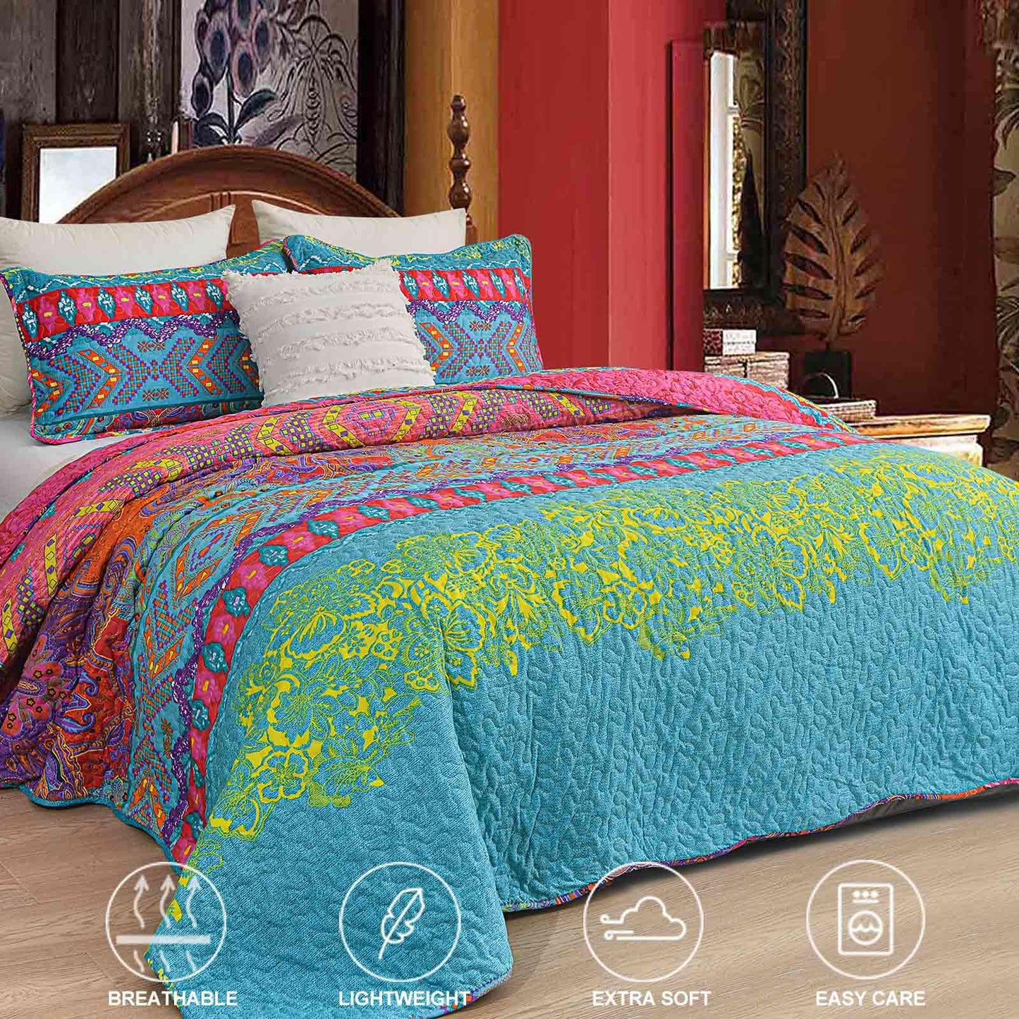 Faincy Bohemian Pink and Green Queen Size Quilt Set 3Pcs, Scalloped Edge Boho Bedspreads, Soft Lightweight Coverlet Bed Spreads, Thin Quilted Comforter Bedding Set for Women, 90x 96 Inch