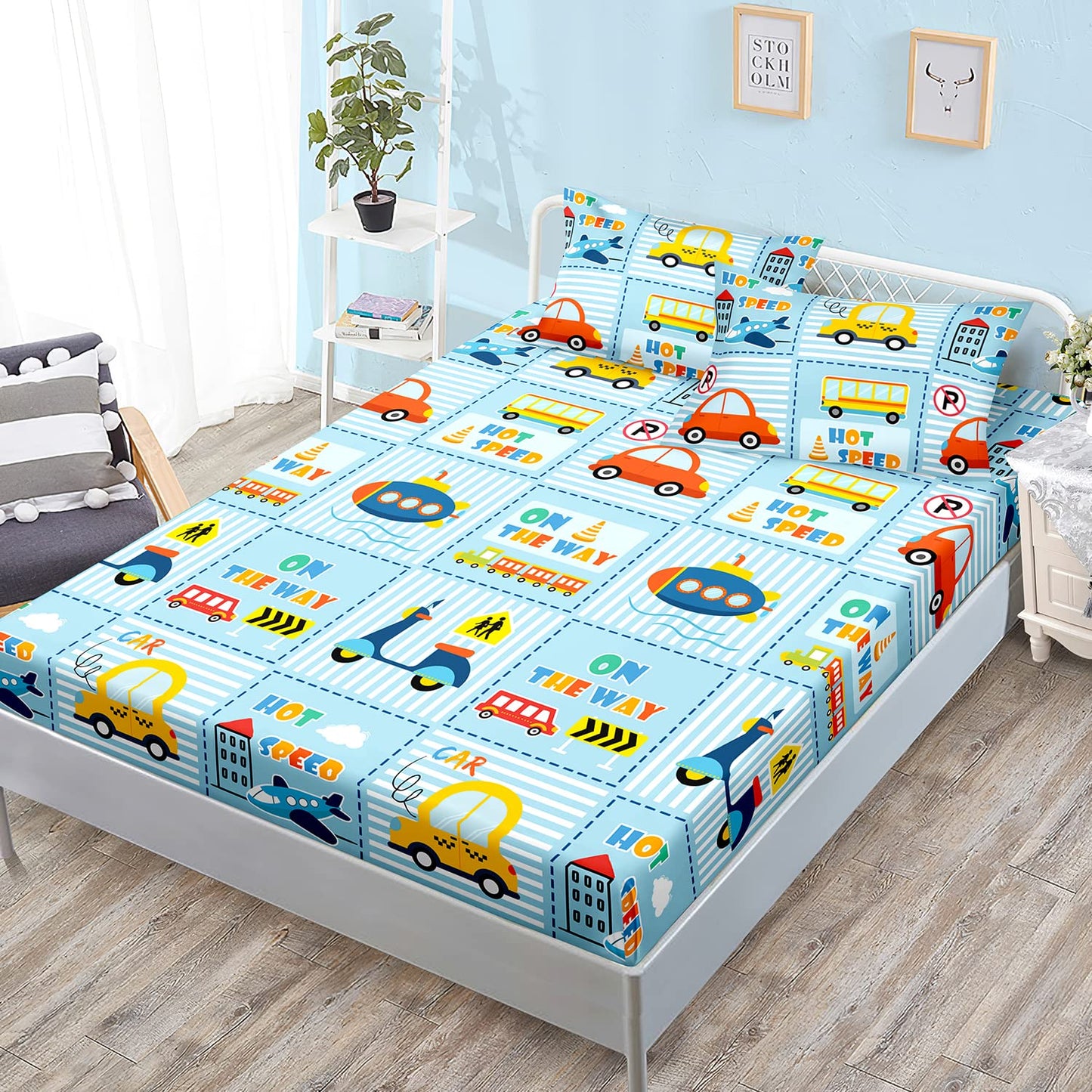 HOSIMA Cartoon Car Kids Fitted Sheet Sets for Girls Boys Room Decor,Transportations Submarine Motorcycle Airplane Pattern Bedding Sets Queen Size,Soft Light Blue Fitted Sheet Set.