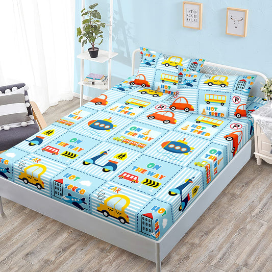 HOSIMA Cartoon Car Kids Fitted Sheet Sets for Girls Boys Room Decor,Transportations Submarine Motorcycle Airplane Pattern Bedding Sets Queen Size,Soft Light Blue Fitted Sheet Set.