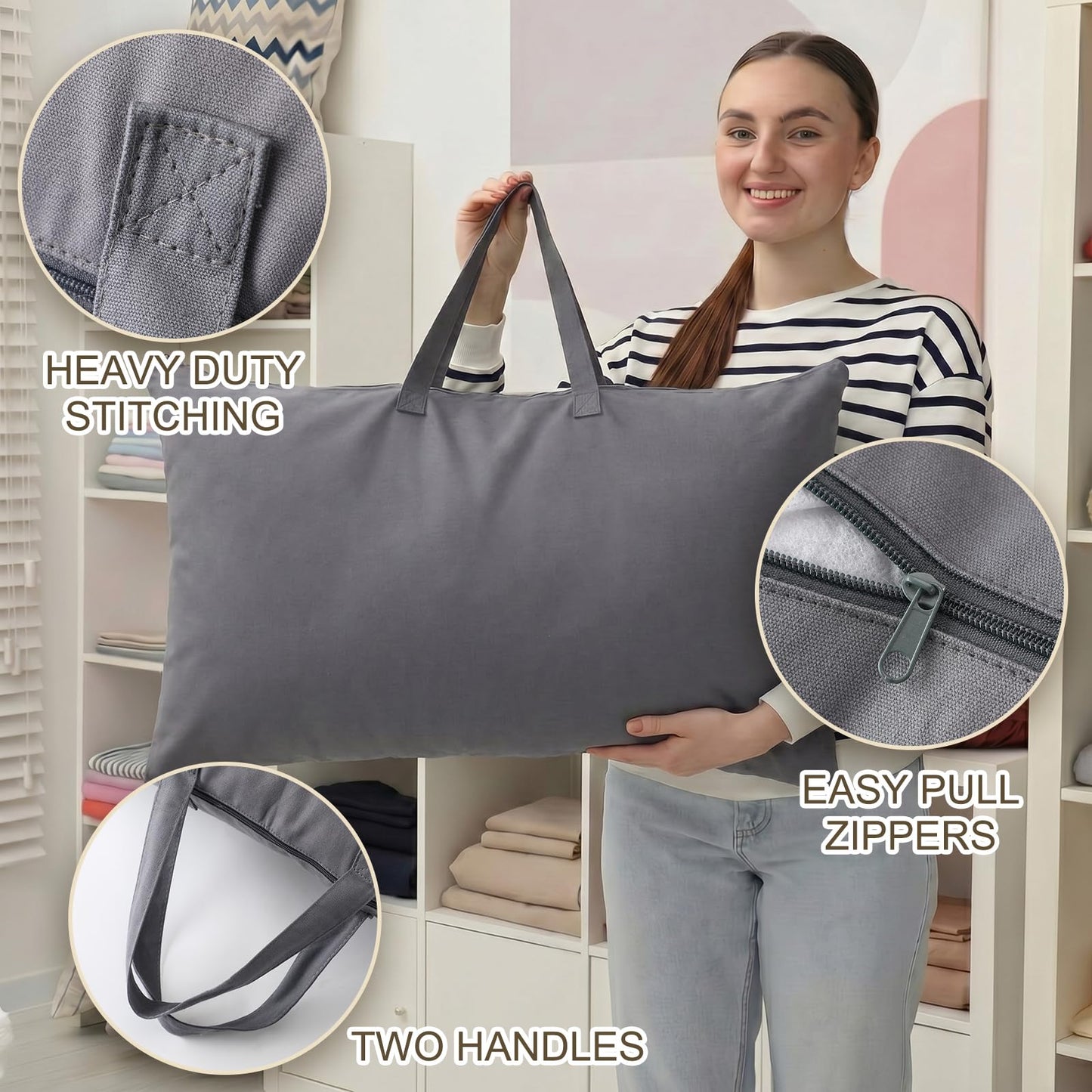GliCraft 2 Pack 100% Cotton 20"x 36" Grey Canvas Travel Pillow Storage Bag with Handles for Home Travel Beddings Comforters Blankets Saree Linens Organizer Thick Soft Breathable Closet Bags