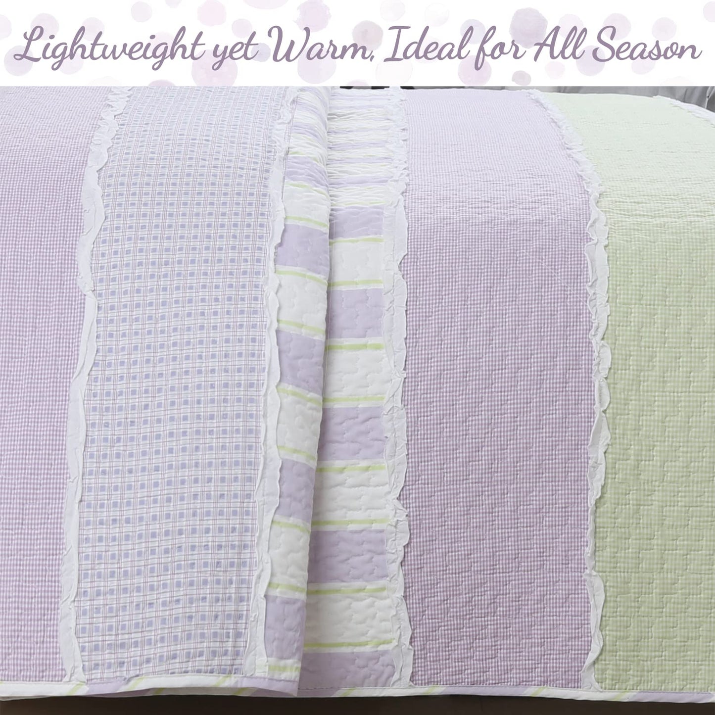 Cozy Line Home Fashions Lavender Green Stripe Dots Girl 100% Cotton Reversible Quilt Bedding Set, All-Season Coverlet Bedspread (Purple Dots, Queen - 3 Piece)