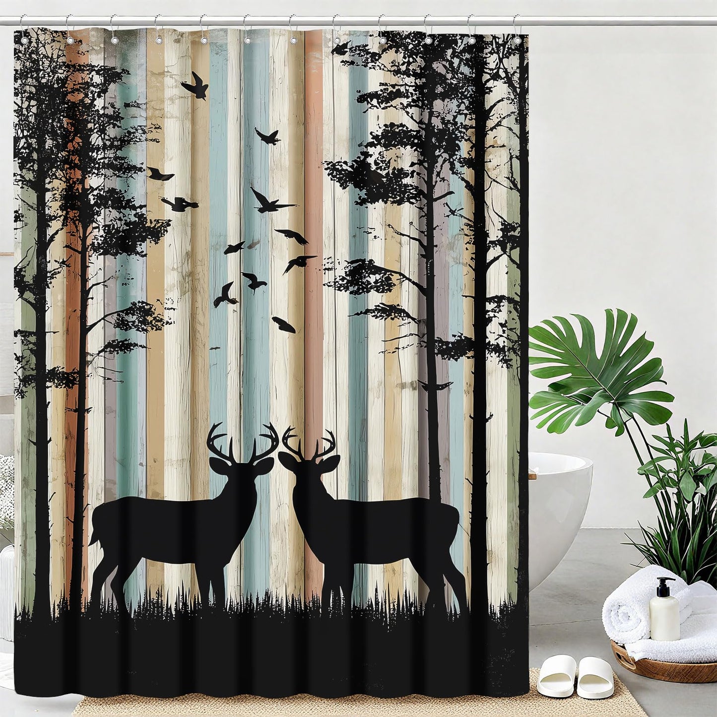 mutakin Rustic Deer Shower Curtain Cabin Farmhouse Lodge Shower Curtains for Bathroom Waterproof Fabric Bath Curtain Decor with Hooks