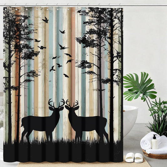 mutakin Rustic Deer Shower Curtain Cabin Farmhouse Lodge Shower Curtains for Bathroom Waterproof Fabric Bath Curtain Decor with Hooks
