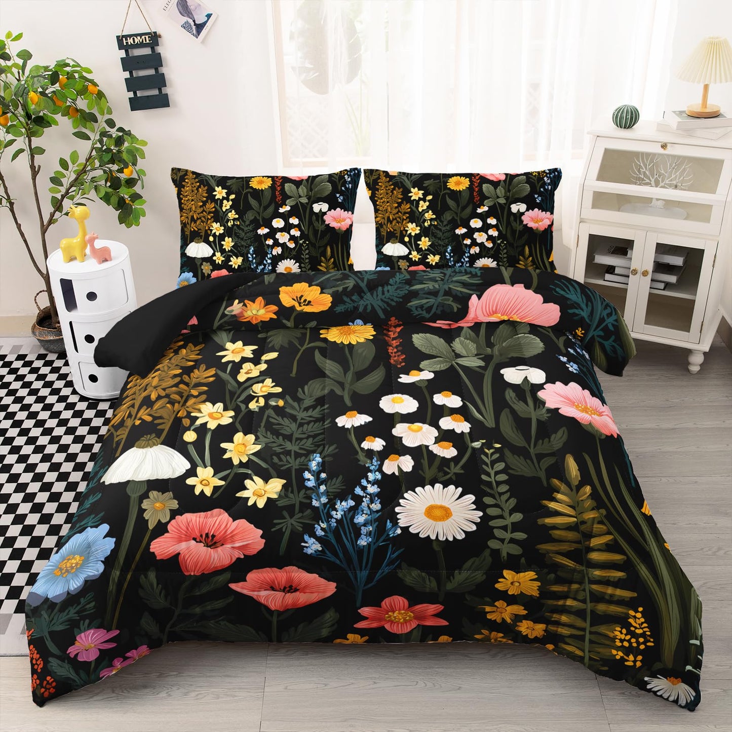 AILONEN Dark Floral Full Comforter Set 3 Piece, Meadow Daisy Poppy Bedding Pack, Green Leaf Microfiber Layer, 2 Pillowcases