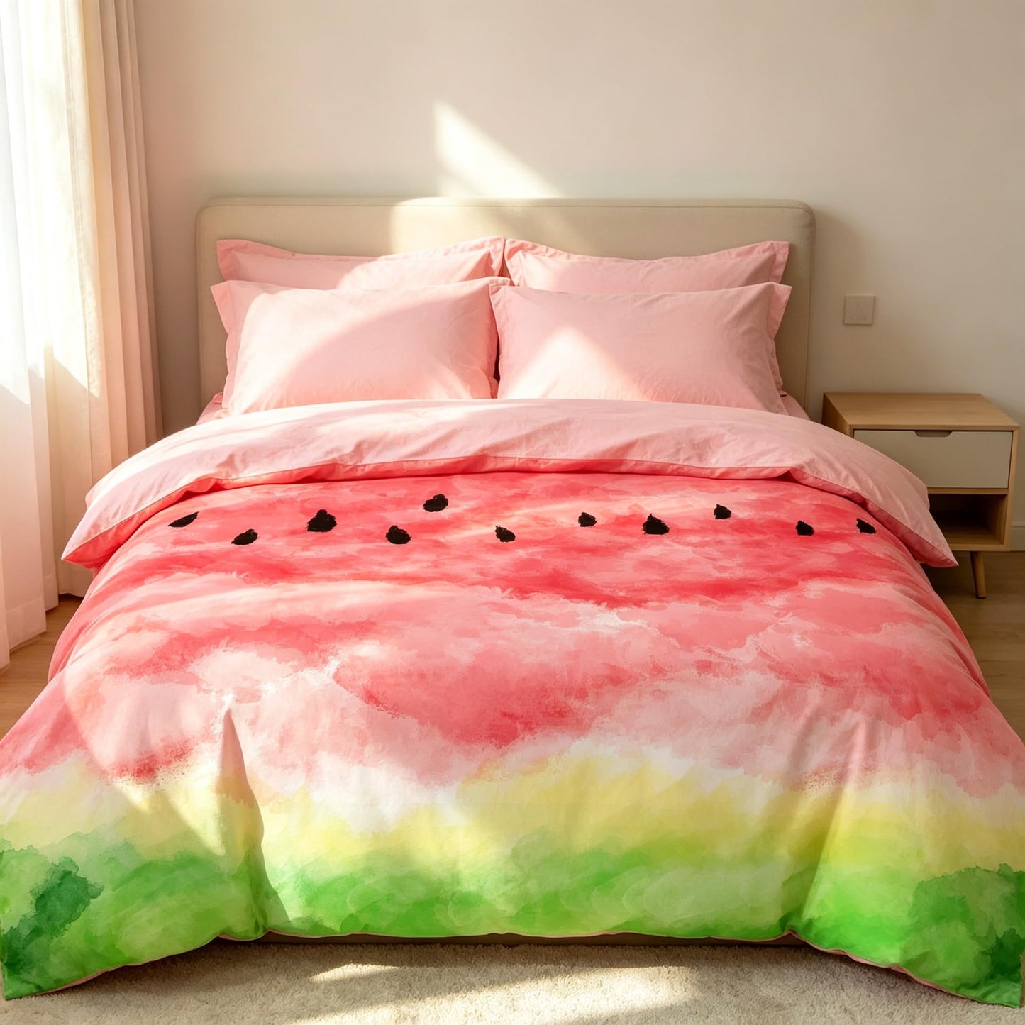 CCoutueChen Watermelon Comforter Set Queen Size, Cute Fruit Themed Pink Bedding Set, Soft Reversible Pastel Summer Comforter with Light Pink Back for Teens Girls Bedroom Decor/90 x90