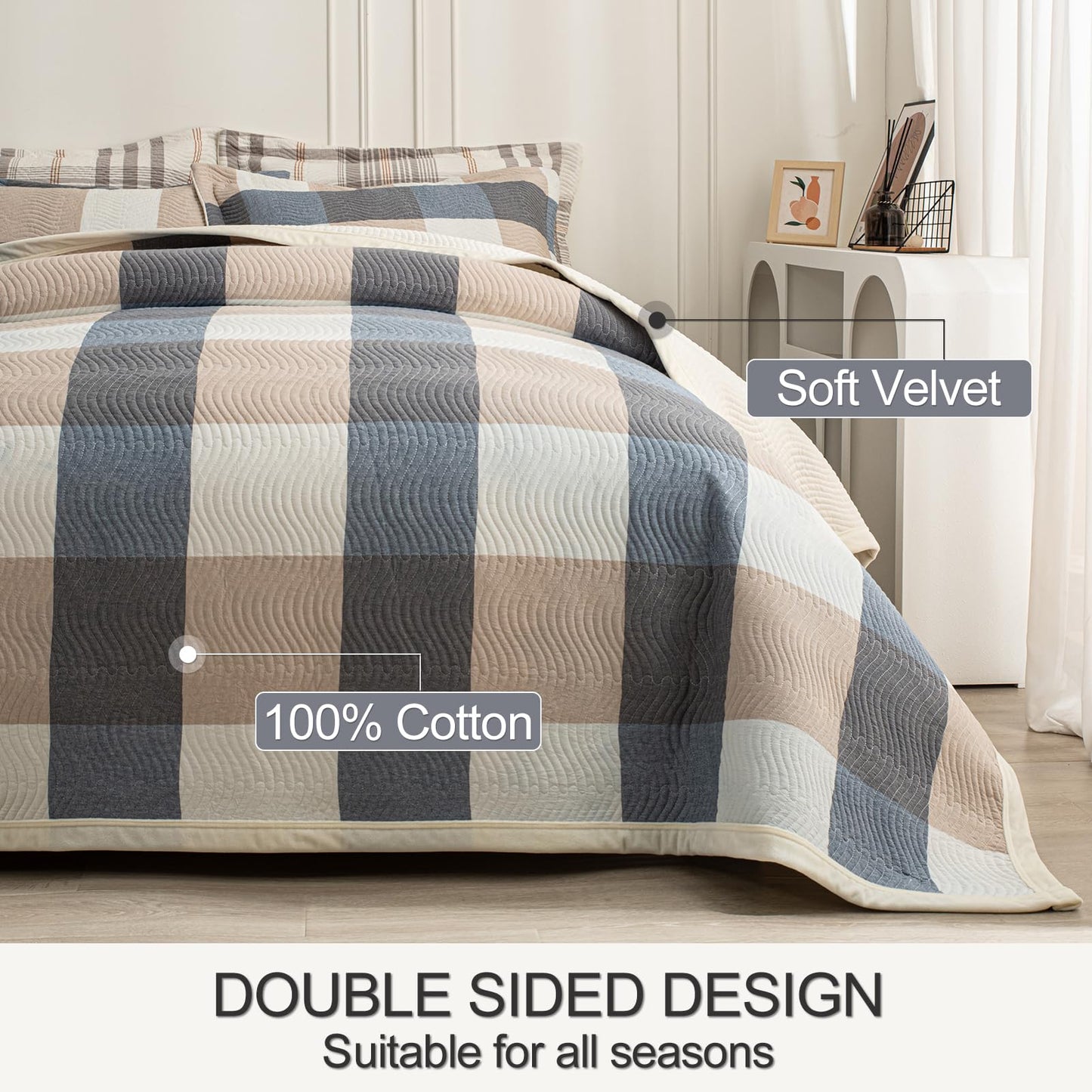 tohrisa Cotton Plaid Quilt Set, Ultra Soft 3 Pieces King Size Bedding with 2 Pillow Shams, Lightweight Reversible Coverlet Bedspread with Wave Quilting for Summer, 108"x96", Grid-Beige Blue