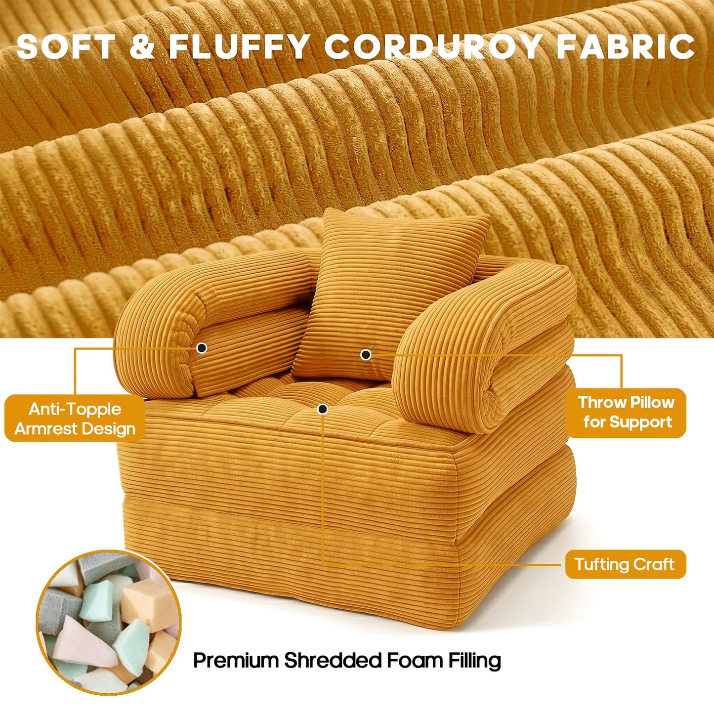 COTOSOF Folding Sofa Bed, Convertible Sleeper Chair with Armrests for Adults, Foldable Corduroy Boneless Bed, 3-in-1 Portable Futon Couch Floor Sofa with Pillow for Bedroom, Living Room, Orange