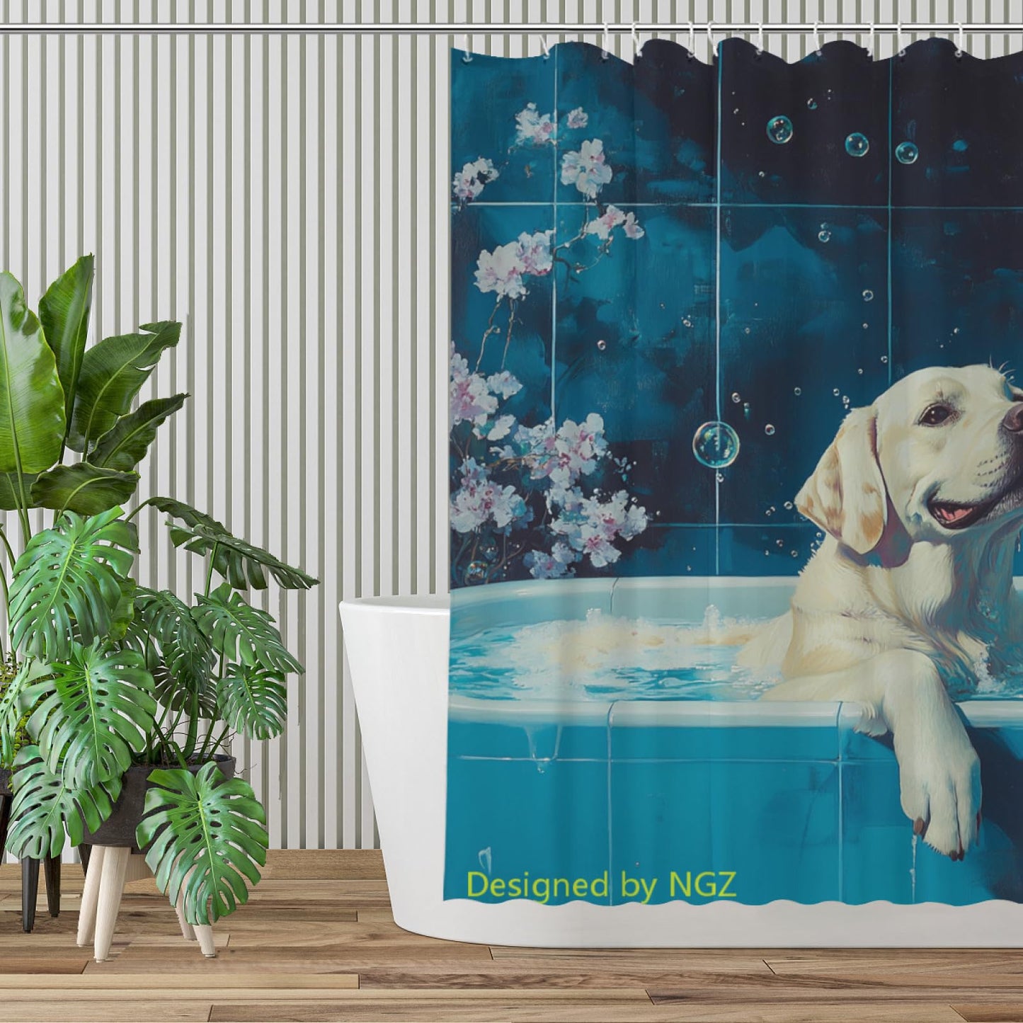 NGZ Funny Labrador Retriever Shower Curtain, SPA with Wine, Blue Shower Curtain, 72x72 Inches Shower Curtains for Bathroom, Bath Curtains Set with 12 Hooks