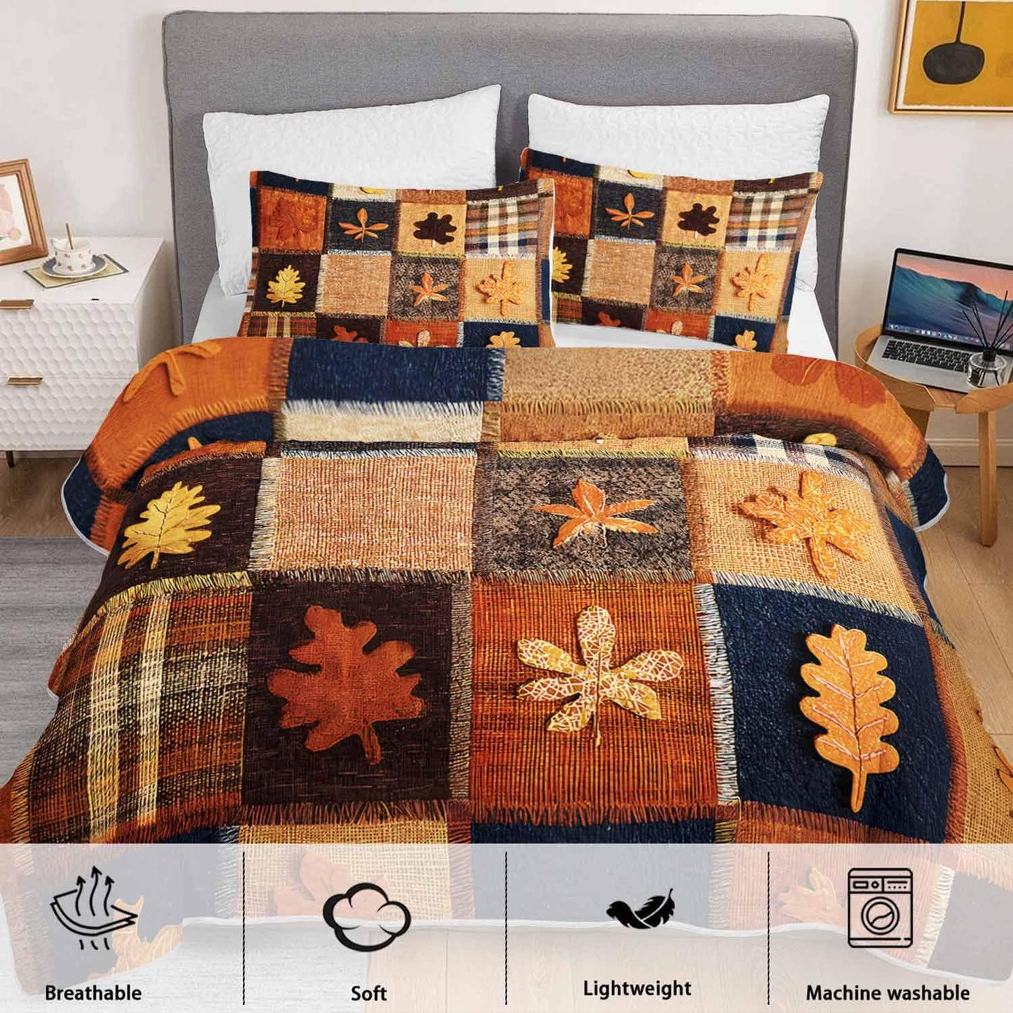 XYNHML Fall Maple Leaf Printed Quilts Bedding Full 3Pcs Brown Rustic Leaves Quilt Bed Set Grid Patchwork Lightweight Soft Bedspread Coverlet with 2 Pillowcases for Kid Boy Girl Teen Adult Bed Decor