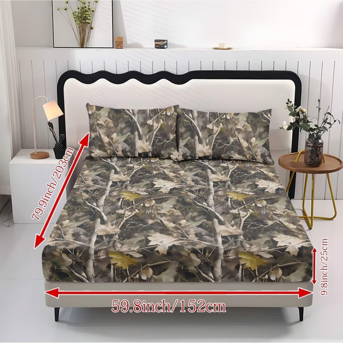 ZDCUSTOM XL Size Sheet Set Stretchy Fitted Bed Sheet Comfy Fade Resistant Bedsheet & Pillowcases with All Around Elastic Stay in Place for Bedroom Decor Branch Leaf Camo, 39" x 79"