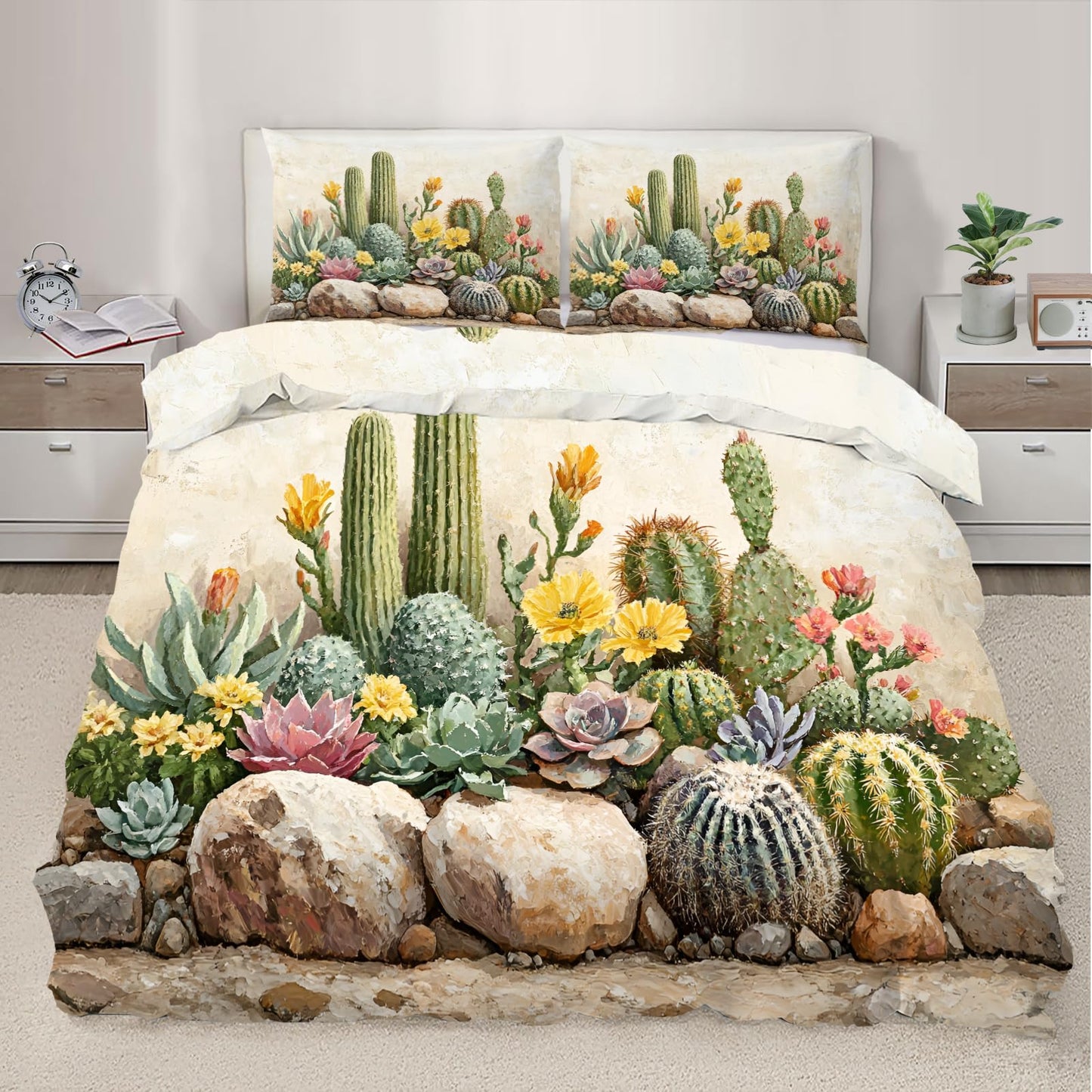 PAISUOQ Plant Bedding, Desert Cactus Duvet Cover Full, Plant Floral Comforter Cover with Zipper Ties, 3 Pieces with 2 Pillowcases, Home Decor & Gifts