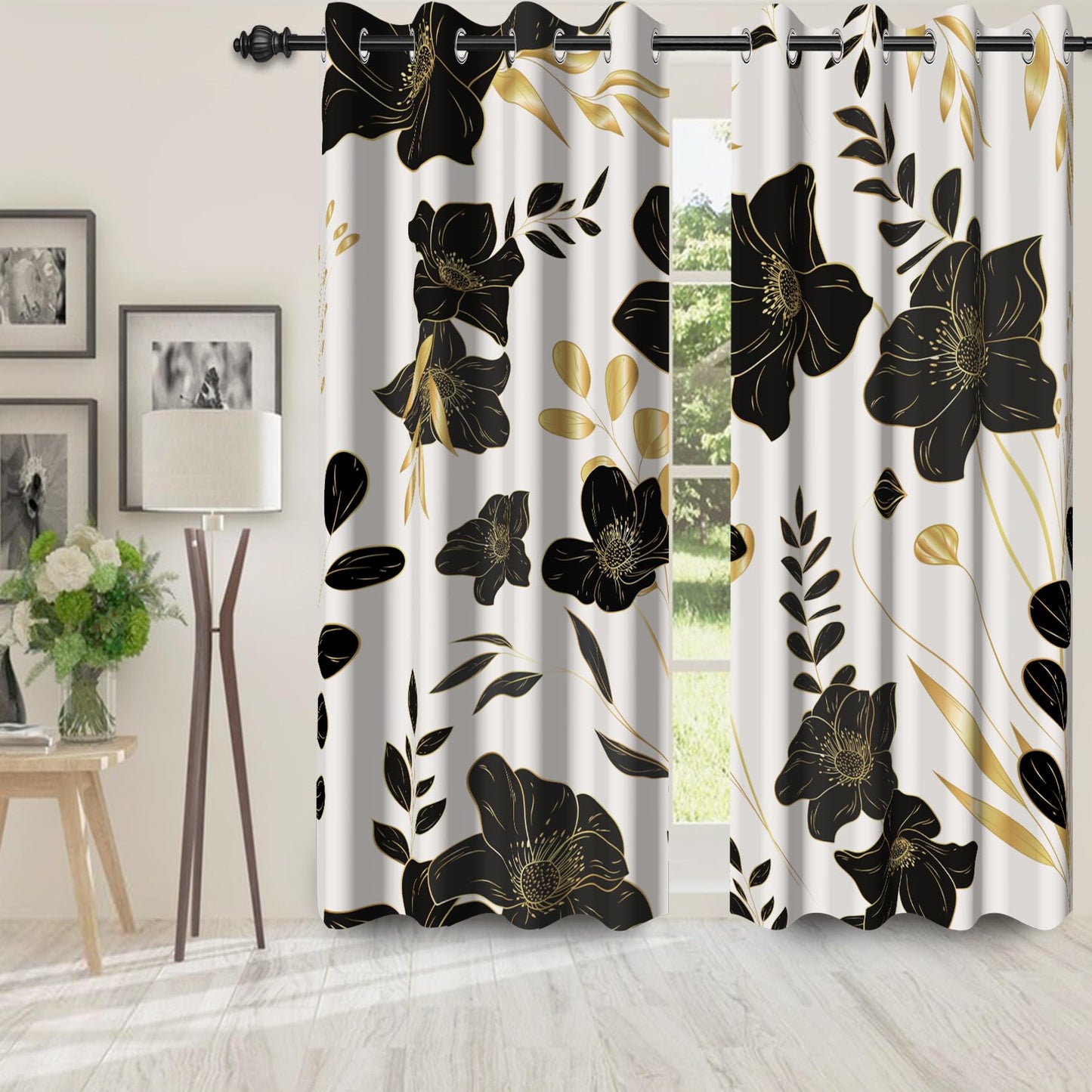 Yanutan Black Flower Flower Blackout Curtains for Bedroom/Living Room,2 Panels Sets Window Curtain,Gold Black Floral Thermal Insulated Printed Curtains with Grommet,42" Wx84 L