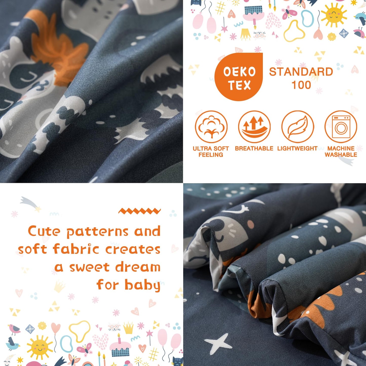 JSD Navy Blue Forest Animals Toddler Bedding Set, 4 Piece Owl Toddler Comforter Sheet Set, Lightweight Breathable Washable