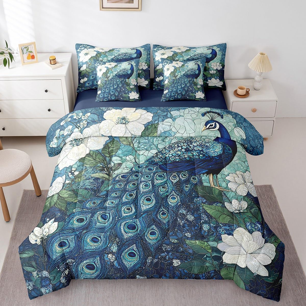 Erosebridal Teal Peacock Bedding Set for Kids Teens,Elegant Bird Comforter Set King Size,Oil Painting Floral (Comforter+Fitted+Flat Sheet+2 Pillowcases+2 Throw Pillow Covers) 7 Pieces Bed Set