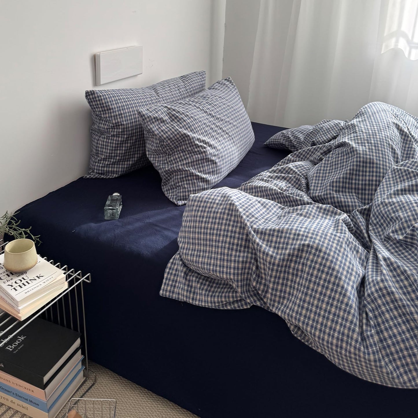 VM VOUGEMARKET Demin Blue Gingham Duvet Cover Queen 3 Pieces Neutral Plaid Grid Duvet Cover 100% Washed Cotton Comforter Cover with 2 Pillowcases Farmhouse Checkered Bedding Set