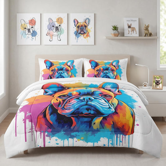 Pamnest Comforter Set Queen Size, Cute Dog Vintage Soft 3 Pcs Bedding for Kids and Adults, French Bulldog Colorful Comforter Set with Pillowcase, for Bedroom Bed Decor