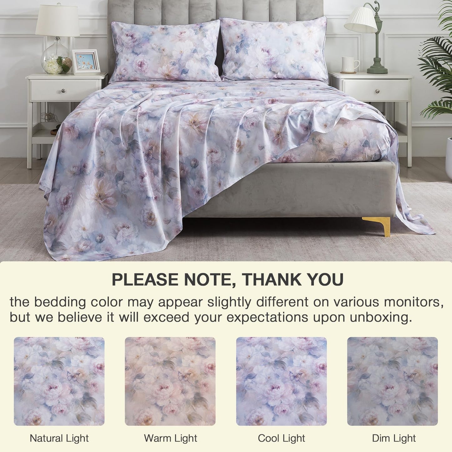 Puralens Purple Floral Percale Sheets Queen, 100% Cotton Soft Crisp Vintage Flower Bed Sheets, Butterfly Patterned Deep Pocket Aesthetic Farmhouse Sheet Set, Luxury Garden Toile Bedding, 4Pcs