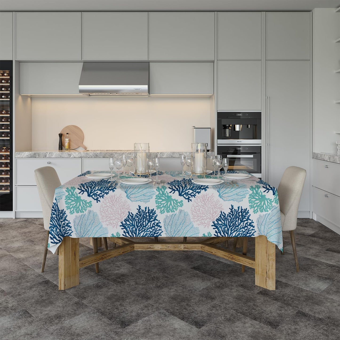 Ocean Tablecloth Coastal Nautical Rectangle Tablecloth Coral Print Ocean Themed Beach Decorative Waterproof Table Covers for Outdoor Dining Room Kitchen Living Room, 60x84 Inches, Navy/Blue/Teal/