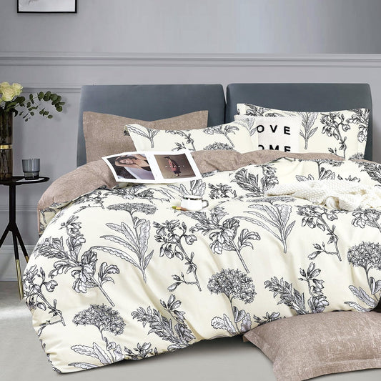 LEMIROE Floral Cotton Comforter King Size 3Pcs - Vintage Design with Luxurious Black Sketched Flowers & Leaves on Cream, Retro Taupe Reversible Lightweight Bedding Sets with Soft Fill(104"×90")