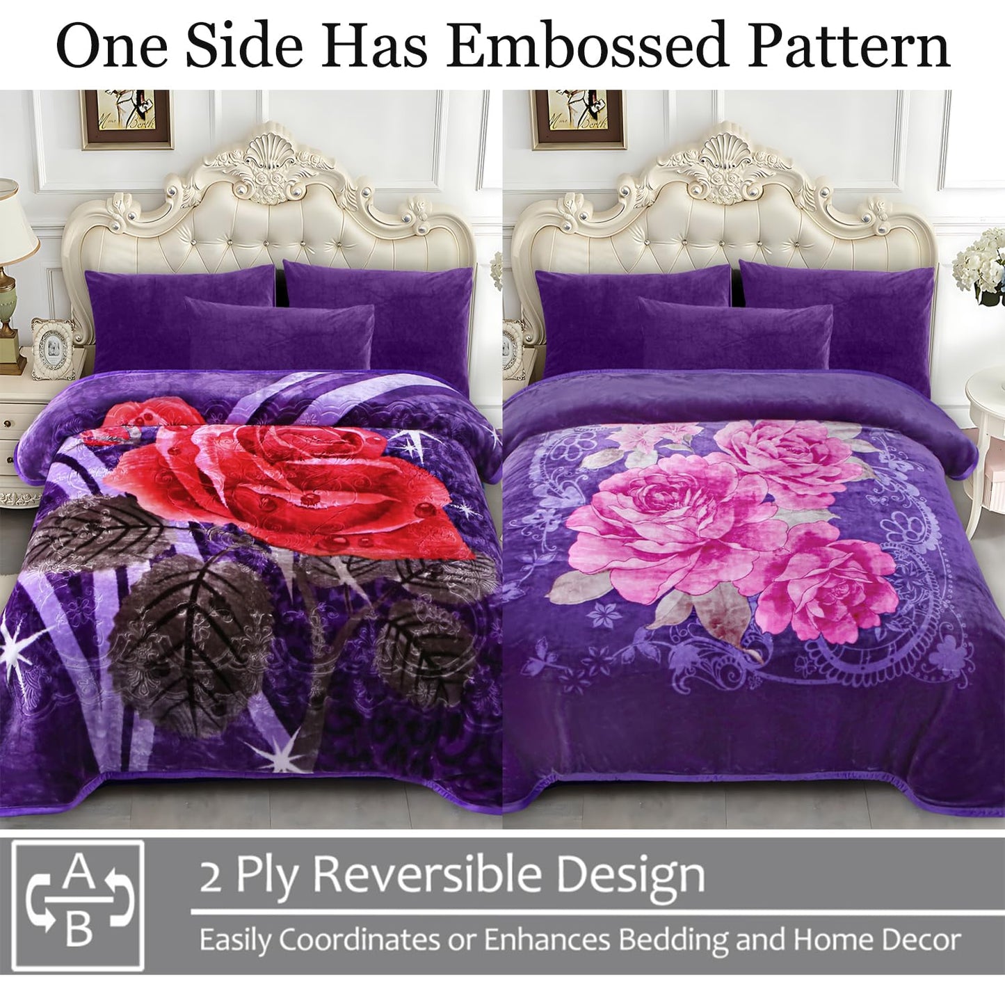 JYK Soft Korean Mink Blanket, 5 LB Fleece Queen 75'' x 87'' - 2 Ply Reversible 520GSM Super Soft Plush, Thick, Warm Bed Blanket for Autumn Winter - Purple, Rose/Camellia